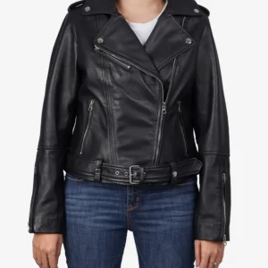 Women Black Lambskin Leather Moto Relaxed Fit Jacket