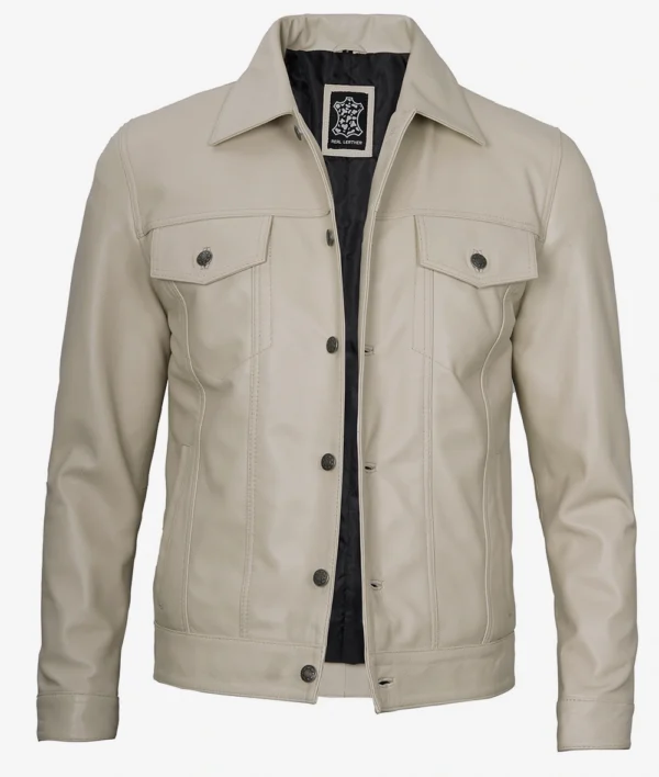 Men's Real Lambskin Leather Beige Trucker Jacket