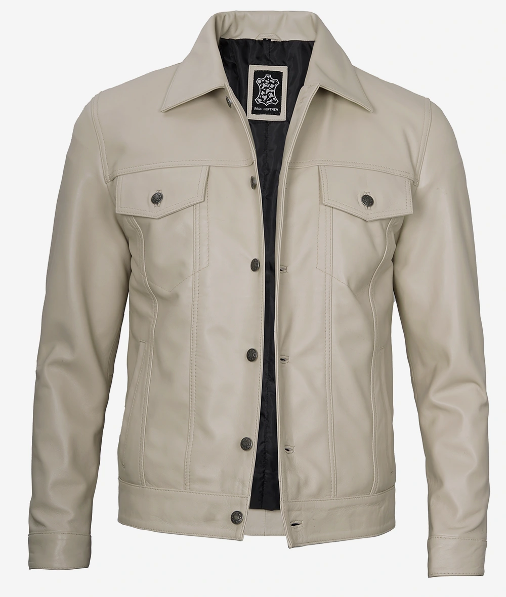 Men's Real Lambskin Leather Beige Trucker Jacket