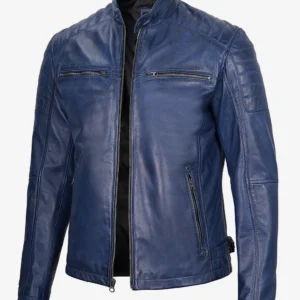 Mens Blue Waxed Cafe Racer Leather Jacket