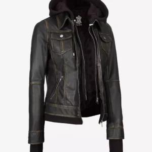 Women's Rub off Brown Bomber Leather Jacket with Removable Hood