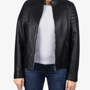 Womens Black Lambskin Leather Relaxed Fit Biker Jacket