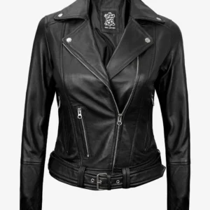 Womens Asymmetrical Black Leather Belted Moto Jacket