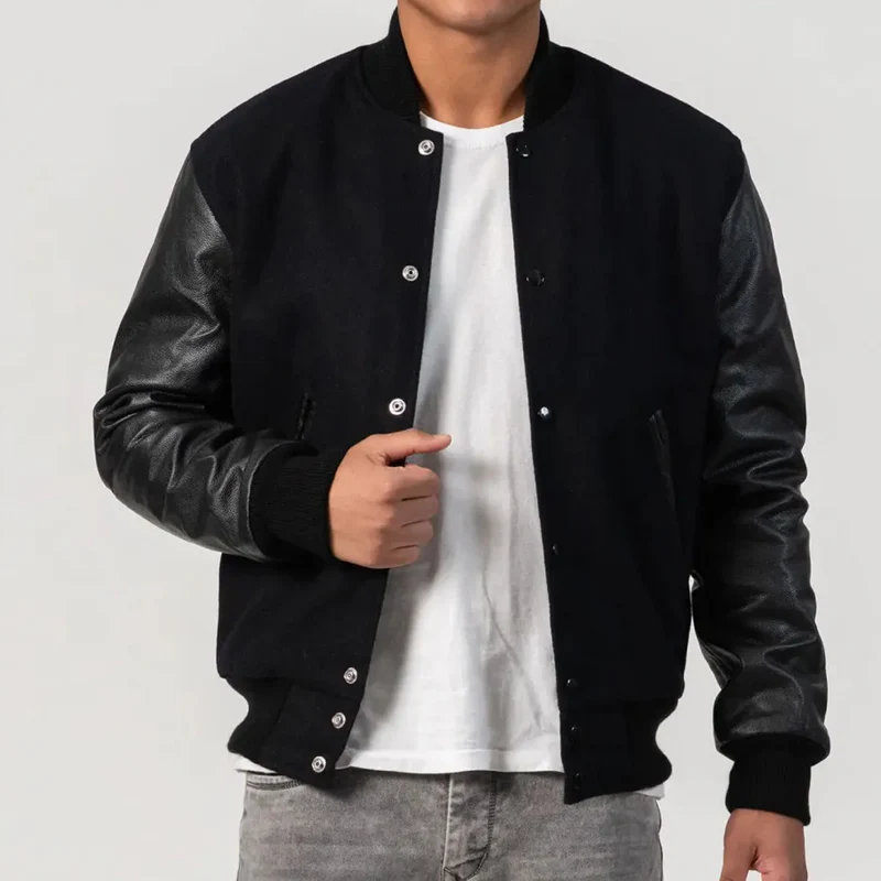 Black Wool Body & Black Leather Sleeves Varsity Jacket