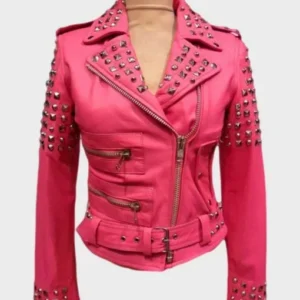 Womens Pink Biker Golden Studded Jacket