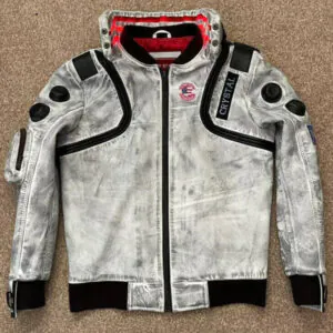 Cyberpunk 2077 LED Collar Wax White Leather Jacket