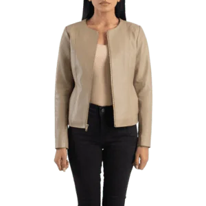 Elixir Beige Collarless Leather Jacket