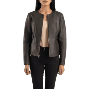 Elixir Brown Collarless Leather Jacket