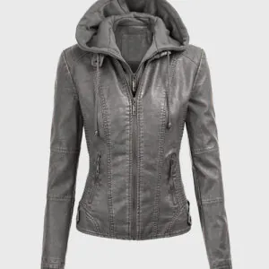 Evelyn Grey Detachable Hooded Leather Jacket