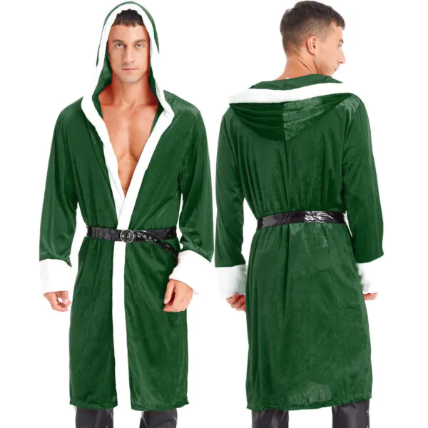 Mens Christmas Hooded Robe Santa Long Bathrobe with Belt