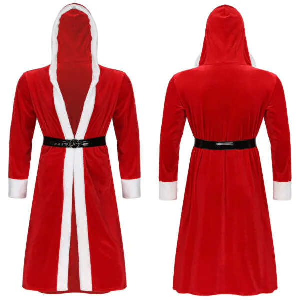 Mens Christmas Hooded Robe Santa Long Bathrobe with Belt