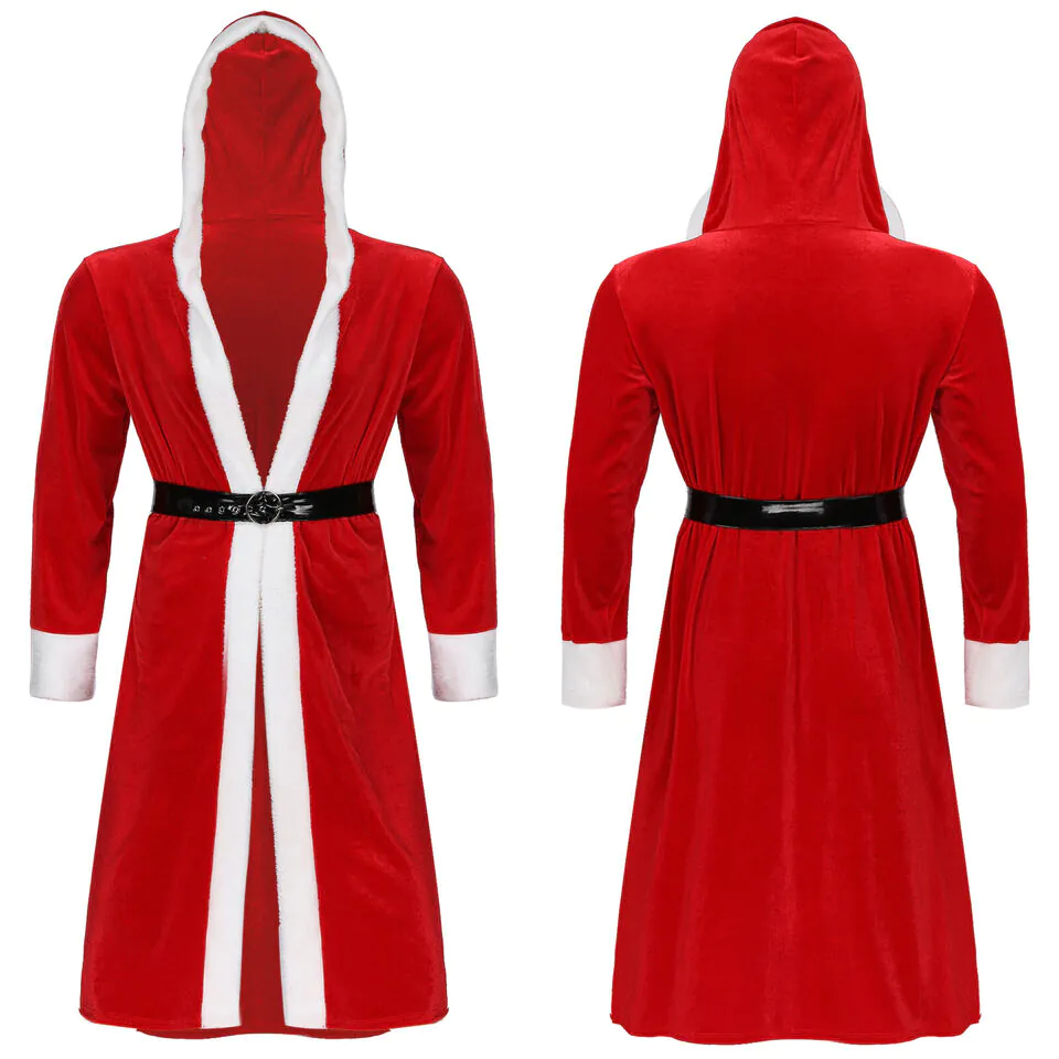 Mens Christmas Hooded Robe Santa Long Bathrobe with Belt