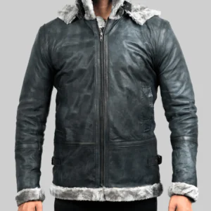 Men’s Grey Hooded B-3 Bomber Leather Jacket