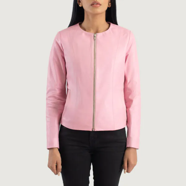 Elixir Pink Collarless Leather Jacket - Image 3