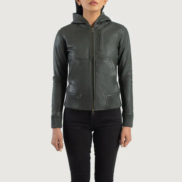 Luna Green Hooded Leather Bomber Jacket - Image 3