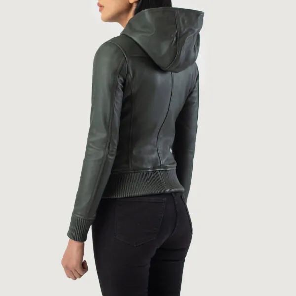 Luna Green Hooded Leather Bomber Jacket - Image 2