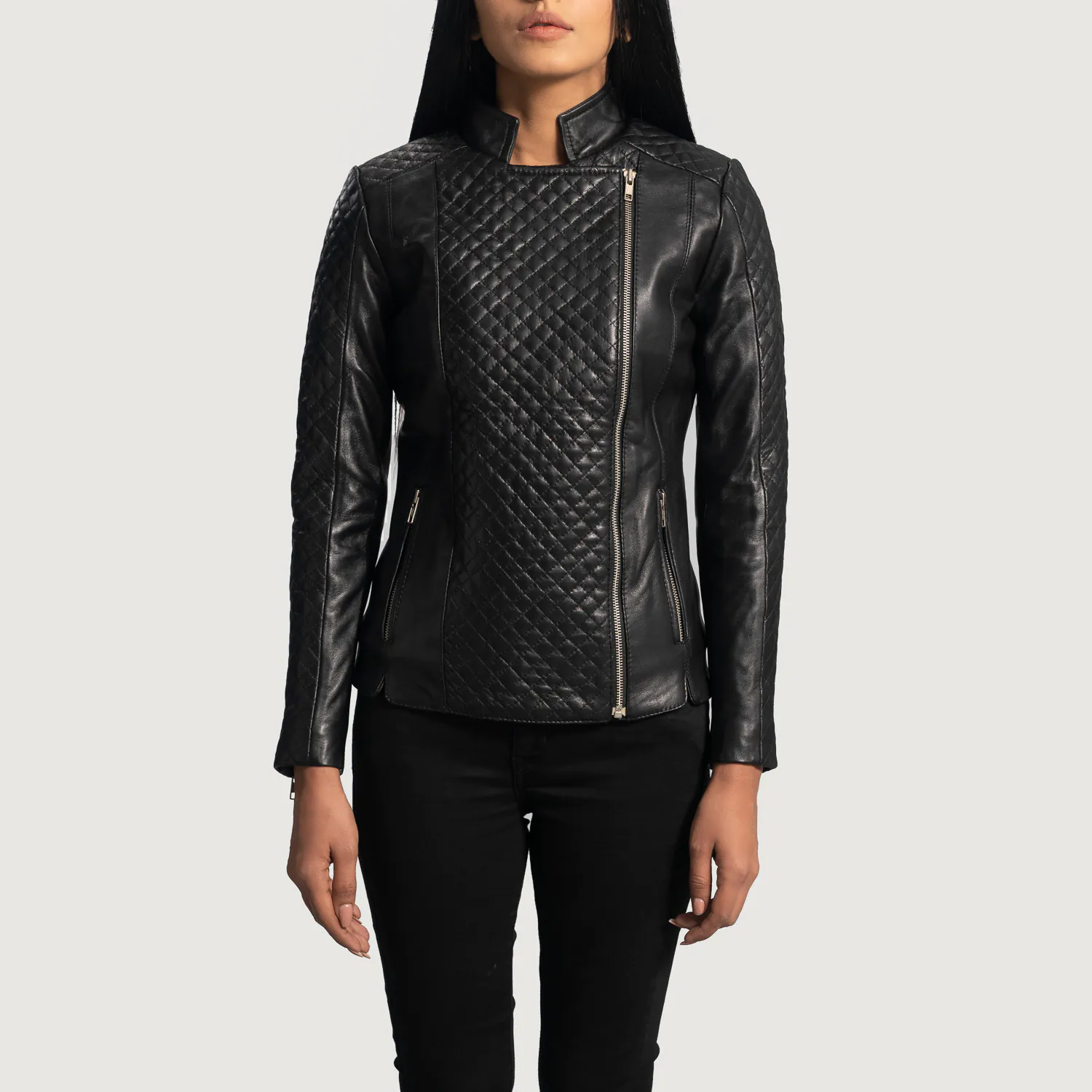 Orient Grain Quilted Black Leather Biker Jacket