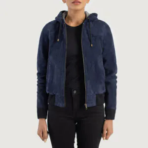 Rebella Blue Hooded Suede Bomber Jacket