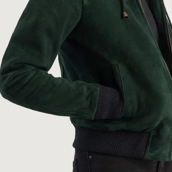 Rebella Green Hooded Suede Bomber Jacket