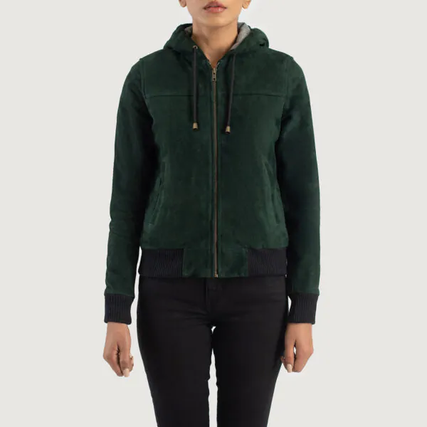 Rebella Green Hooded Suede Bomber Jacket - Image 3