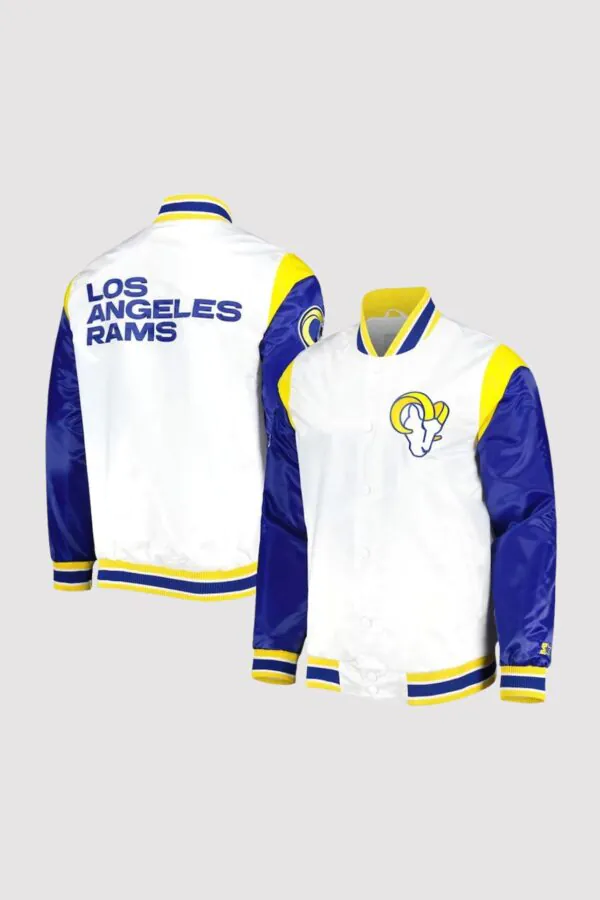 LA Rams Throwback Warm Up Pitch Satin Varsity Jacket