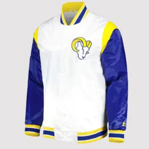 LA Rams Throwback Warm Up Pitch Satin Varsity Jacket