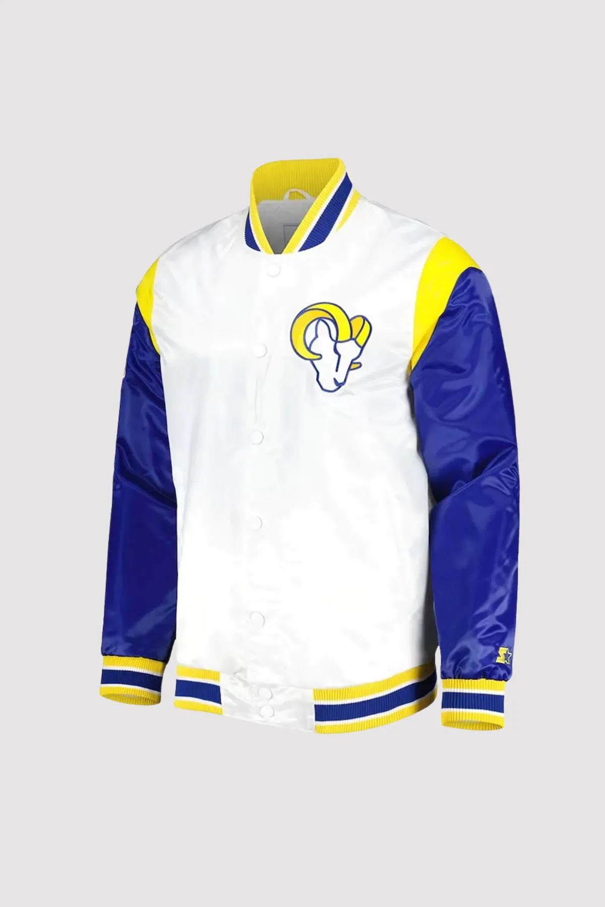 LA Rams Throwback Warm Up Pitch Satin Varsity Jacket