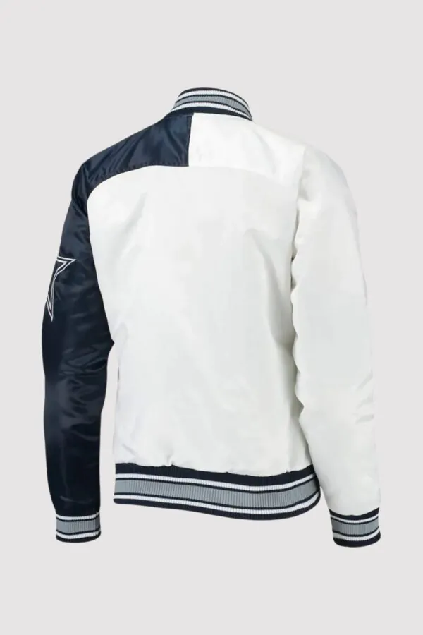 Starter Dallas Cowboys Endzone White and Blue Satin Varsity Jacket