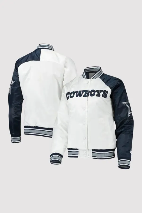 Starter Dallas Cowboys Endzone White and Blue Satin Varsity Jacket