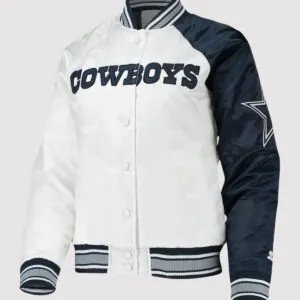 Starter Dallas Cowboys Endzone White and Blue Satin Varsity Jacket