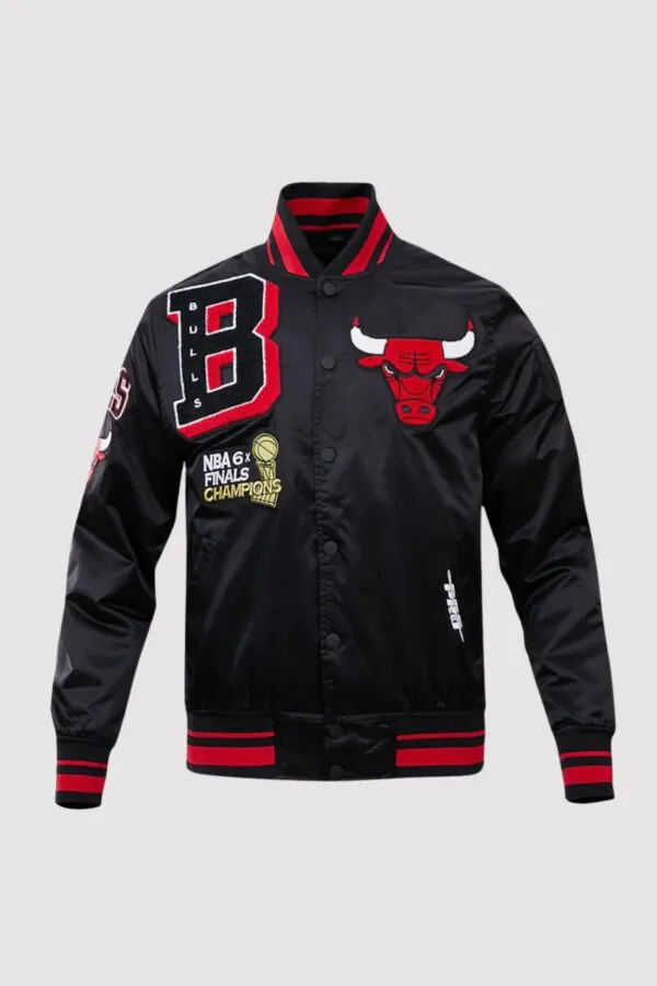 Chicago Bulls NBA 6x Finals Champions Mashup Black Satin Jacket