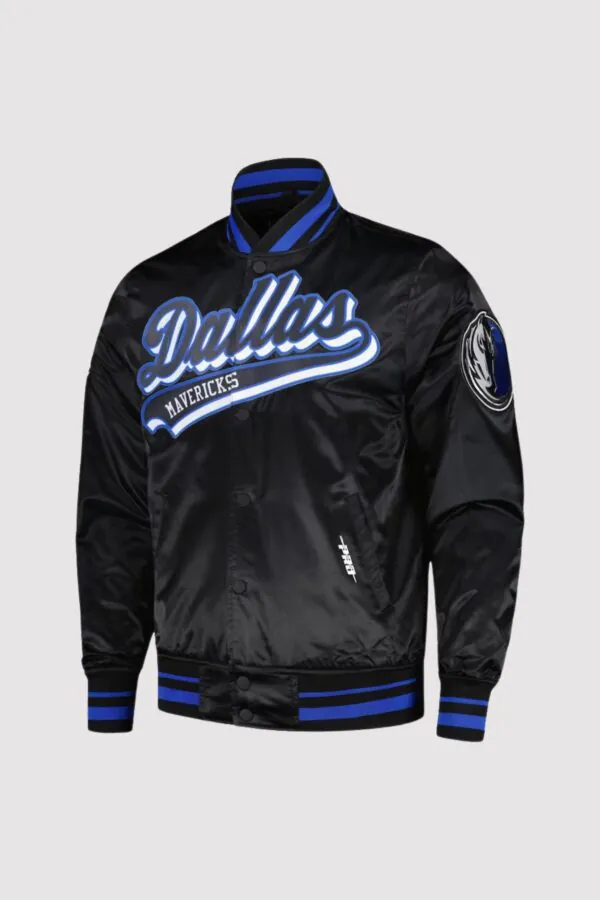 Dallas Mavericks Black Script Tail Satin Varsity Jacket