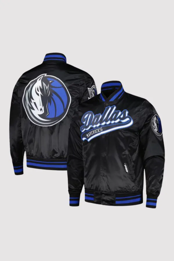 Dallas Mavericks Black Script Tail Satin Varsity Jacket