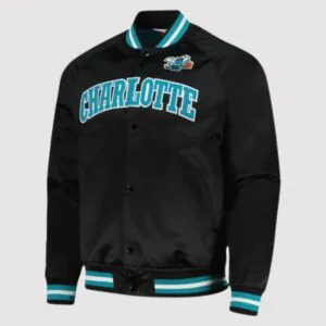 Mitchell & Ness Charlotte Hornets Black Hardwood Classics Satin Varsity Jacket