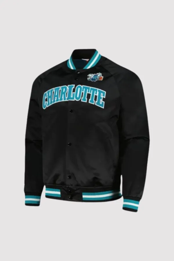 Mitchell & Ness Charlotte Hornets Black Hardwood Classics Satin Varsity Jacket