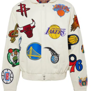 White NBA Team Collage Jeff Hamilton Leather Jacket