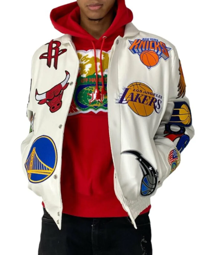 White NBA Team Collage Jeff Hamilton Leather Jacket