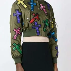 Moschino Couture Jeremy Scott Allover Colorful Cross Patch Cropped Bomber Jacket