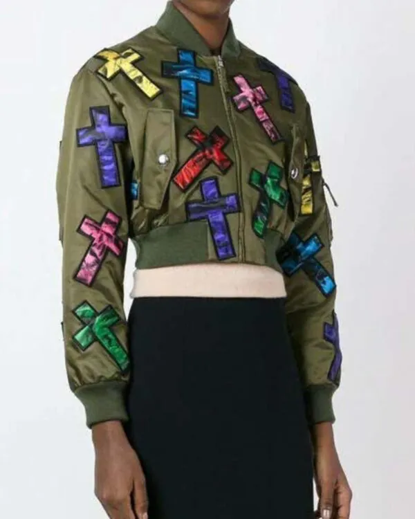 Moschino Couture Jeremy Scott Allover Colorful Cross Patch Cropped Bomber Jacket