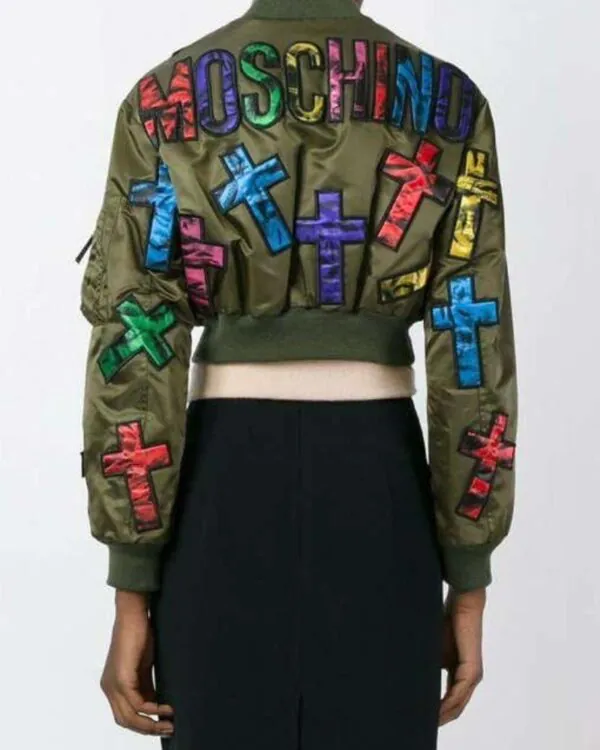 Moschino Couture Jeremy Scott Allover Colorful Cross Patch Cropped Bomber Jacket